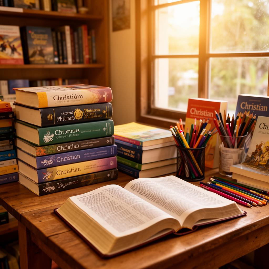 Stack of Christian books, school supplies, and an open Bible in a warmly lit bookstore